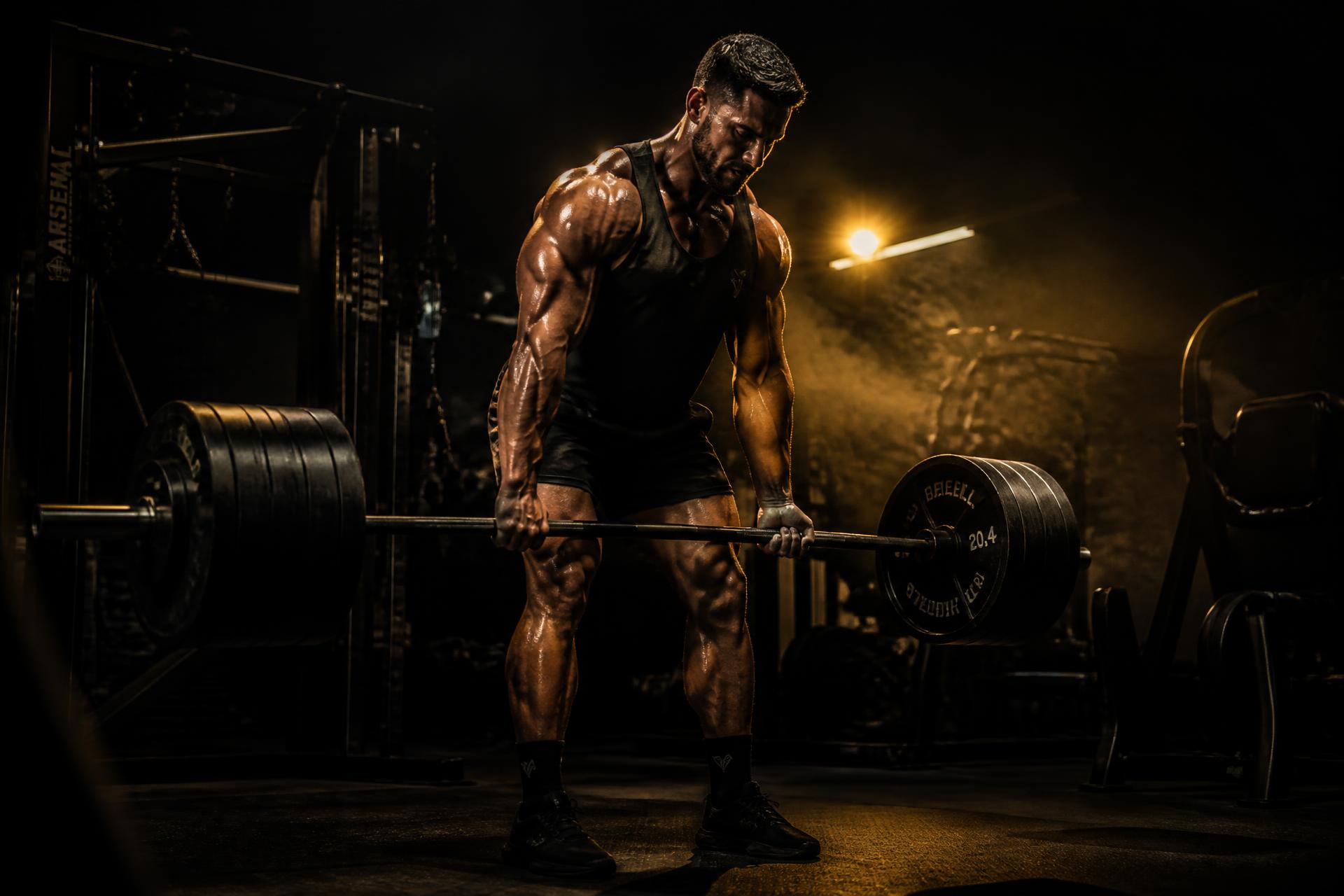 Athlete training with a barbell in a dark premium gym